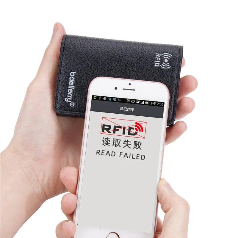 BAELLERRY K9301 RFID Blocking Automatic Pop Up Card Holder Litchi Texture Leather Zinc Alloy Credit Card Case - Brown