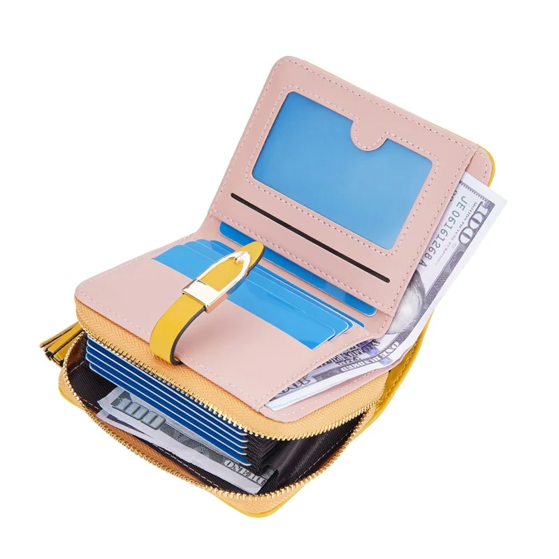 BAELLERRY N3245 Carteira Curta Feminina em Couro PU com Vários Bolsos para Cartões e Zíper com Borla - Amarelo