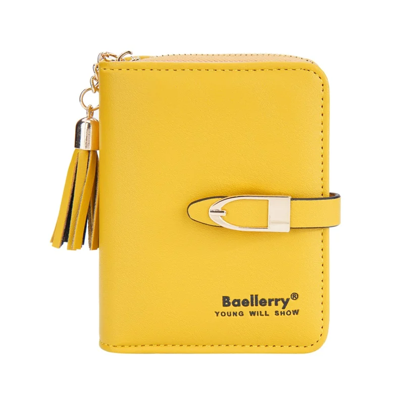 BAELLERRY N3245 Carteira Curta Feminina em Couro PU com Vários Bolsos para Cartões e Zíper com Borla - Amarelo
