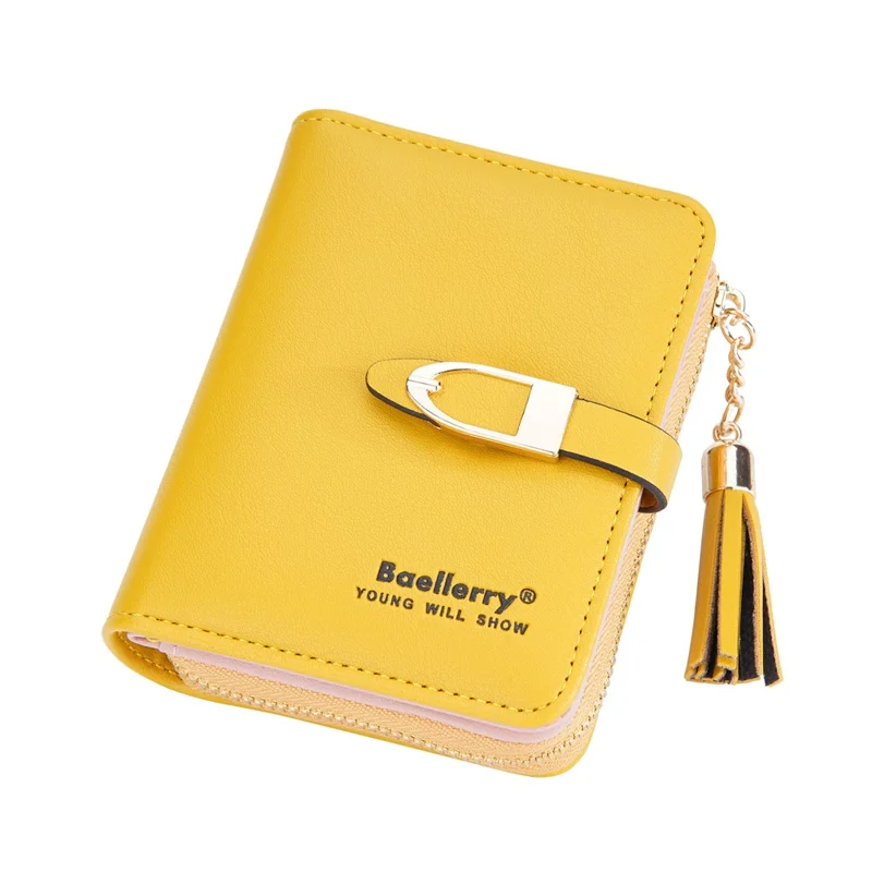 BAELLERRY N3245 Carteira Curta Feminina em Couro PU com Vários Bolsos para Cartões e Zíper com Borla - Amarelo