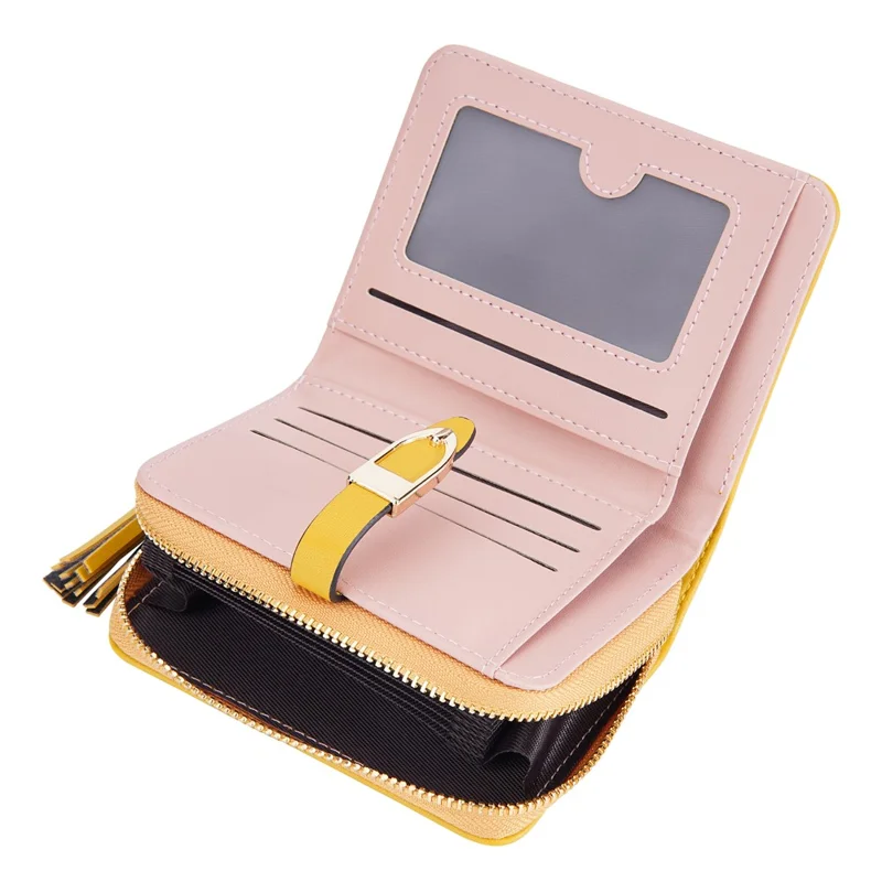 BAELLERRY N3245 Carteira Curta Feminina em Couro PU com Vários Bolsos para Cartões e Zíper com Borla - Amarelo