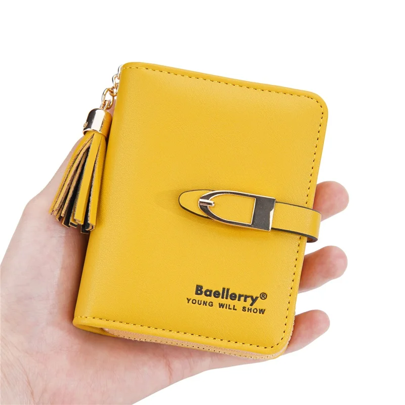 BAELLERRY N3245 Carteira Curta Feminina em Couro PU com Vários Bolsos para Cartões e Zíper com Borla - Amarelo