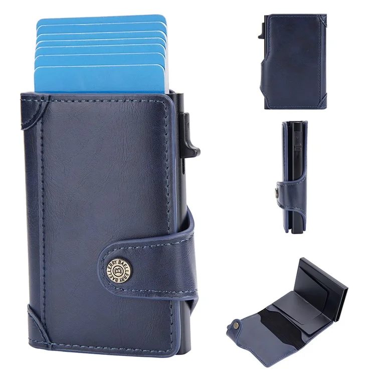BAELLERRY K9211 Capa Automática Pop Up Caso Cartão PU Couro Zinco Liga RFID Bloqueio Titular do Cartão - Azul