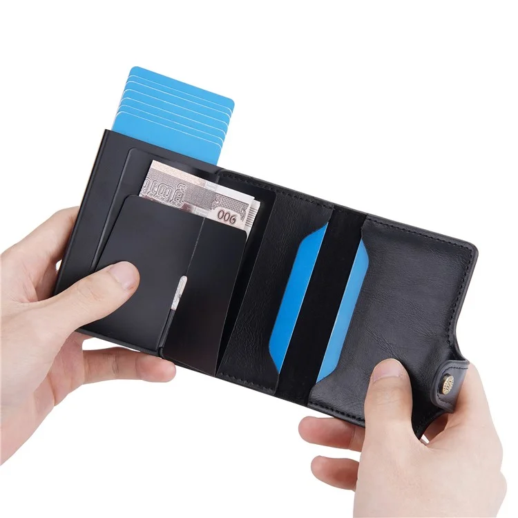 BAELLERRY K9211 Capa Automática Pop Up Caso Cartão PU Couro Zinco Liga RFID Bloqueio Titular do Cartão - Azul
