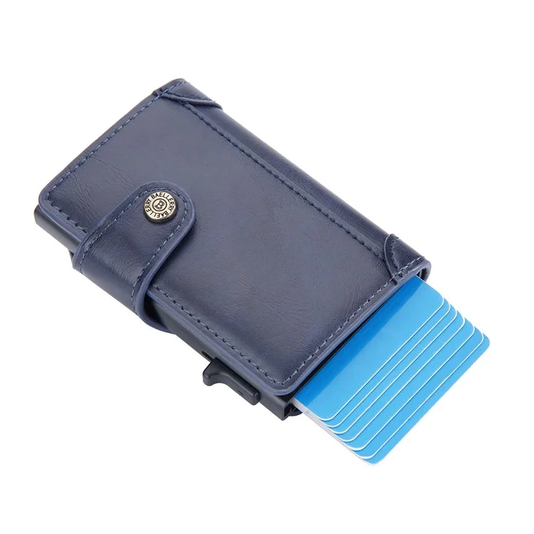 BAELLERRY K9211 Capa Automática Pop Up Caso Cartão PU Couro Zinco Liga RFID Bloqueio Titular do Cartão - Azul