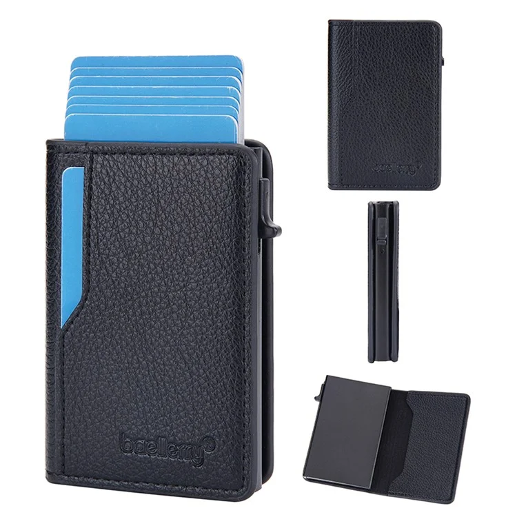 BAELLERRY K9305 Litchi Texture Card Holder Pouch PU Leather Card Storage Bag Easy Push Up - Negro