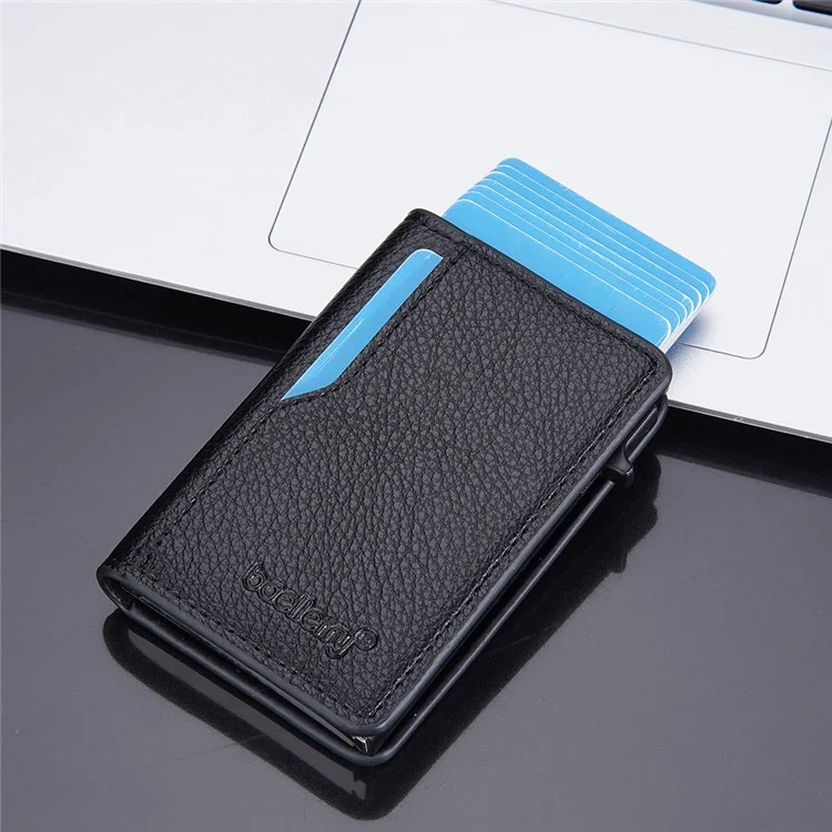 BAELLERRY K9305 Litchi Texture Card Holder Pouch PU Leather Card Storage Bag Easy Push Up - Negro