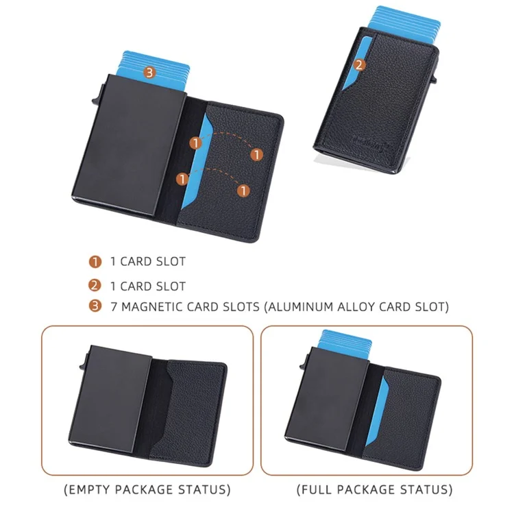 BAELLERRY K9305 Litchi Texture Card Holder Pouch PU Leather Card Storage Bag Easy Push Up - Negro