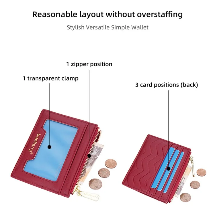 BAELLERRY NR098 Simple Style Wallet Card Holder Pouch Zipper Pocket PU Leather Coin Cash Money Storage Bag - Rot