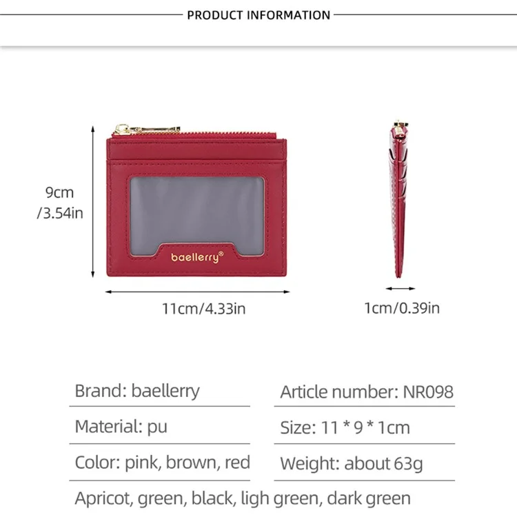 BAELLERRY NR098 Simple Style Wallet Card Holder Pouch Zipper Pocket PU Leather Coin Cash Money Storage Bag - Rot