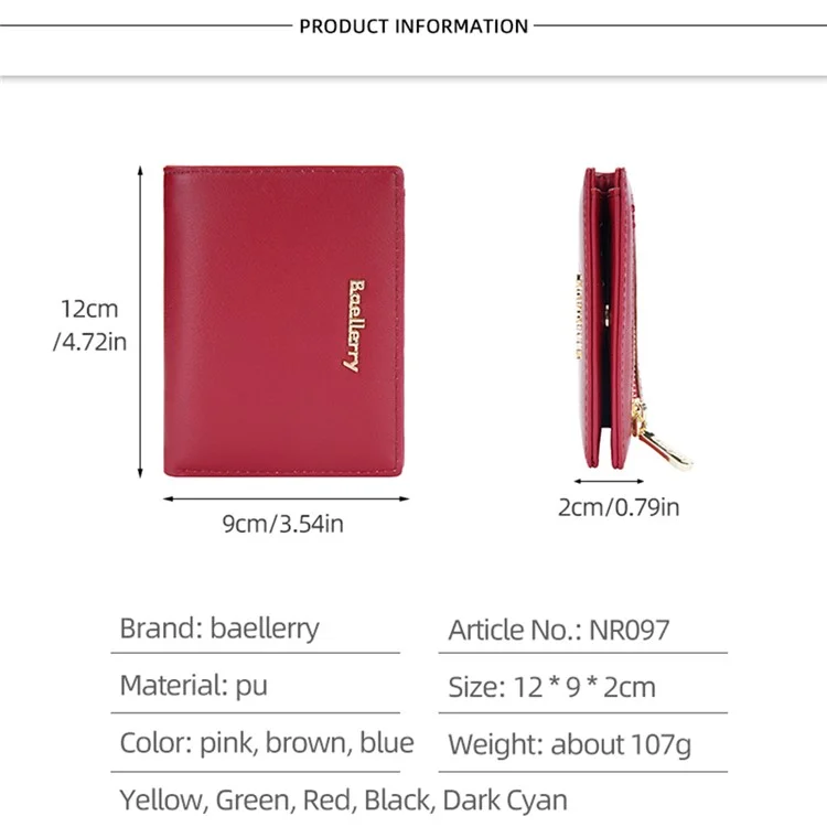 BAELLERRY NR097 Folding Zipper Short Wallet PU Leather Small Coin Purses Multiple Card Holder - Yellow
