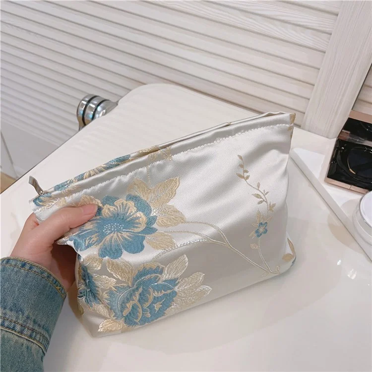 National Style Portable Makeup Bag Canvas Zipper Purse Cosmetic Pouch Organizer Bag for Traveling - Blue