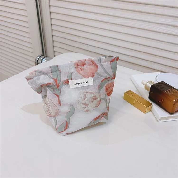 Tulip Pattern Mini Makeup Bag Canvas Portable Zipper Purse Cosmetic Pouch Storage Bag for Traveling, Swimming - Pink