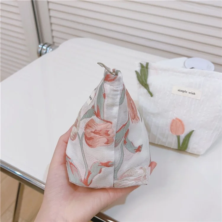 Tulip Pattern Mini Makeup Bag Canvas Portable Zipper Purse Cosmetic Pouch Storage Bag for Traveling, Swimming - Pink