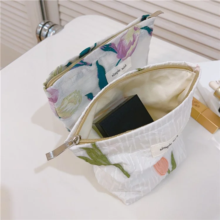 Tulip Pattern Mini Makeup Bag Canvas Portable Zipper Purse Cosmetic Pouch Storage Bag for Traveling, Swimming - Pink