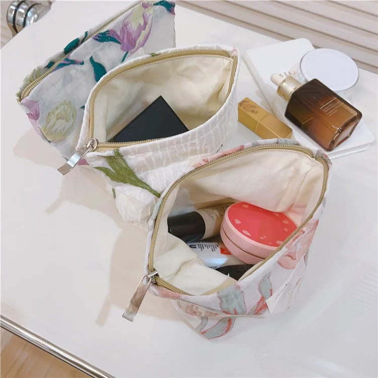 Tulip Pattern Mini Makeup Bag Canvas Portable Zipper Purse Cosmetic Pouch Storage Bag for Traveling, Swimming - Pink