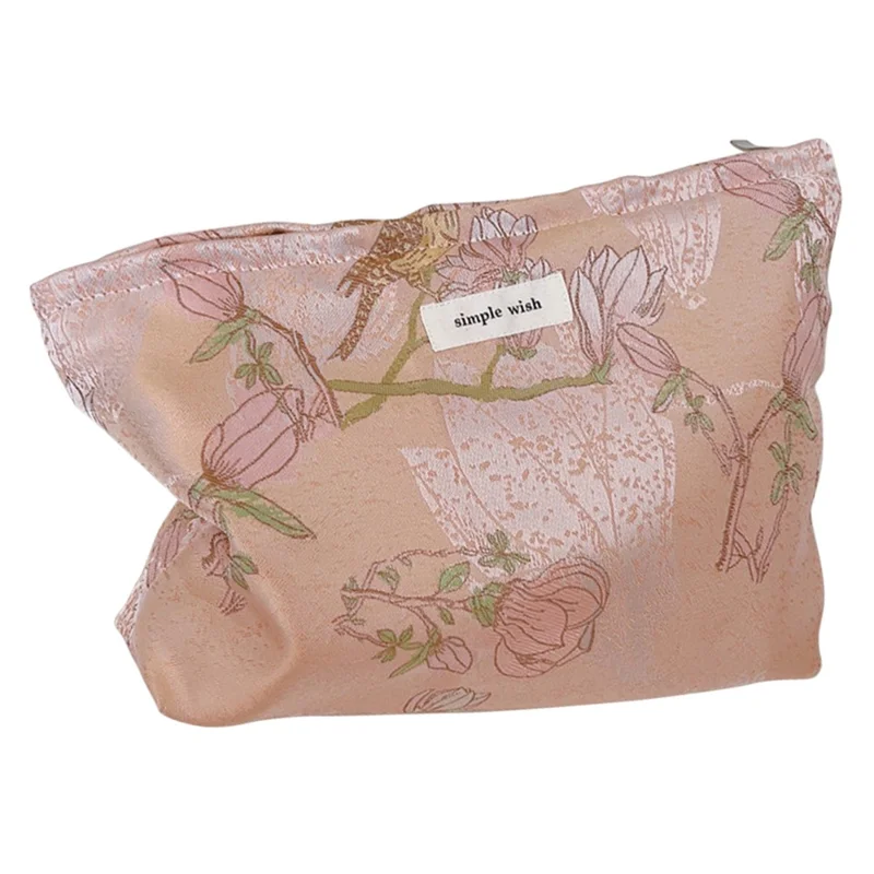 National Style Bird Flower Pattern Makeup Bag Canvas Zipper Purse Portable Cosmetic Pouch Organizer Bag - Pink