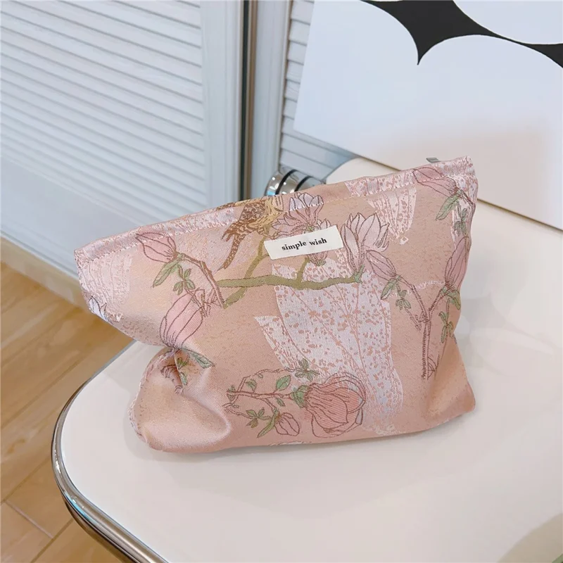 National Style Bird Flower Pattern Makeup Bag Canvas Zipper Purse Portable Cosmetic Pouch Organizer Bag - Pink