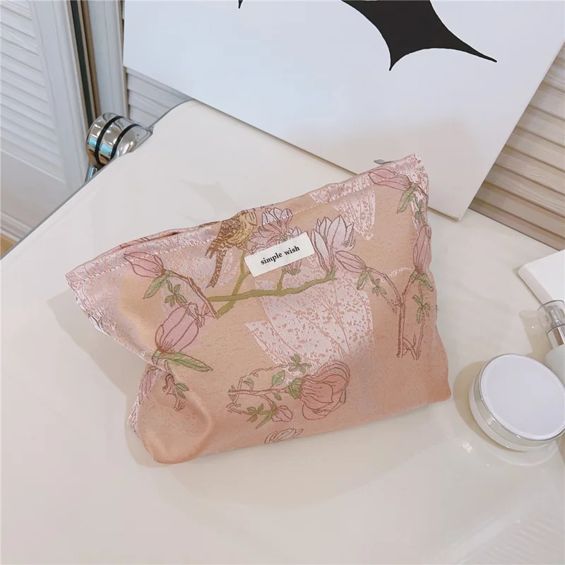 National Style Bird Flower Pattern Makeup Bag Canvas Zipper Purse Portable Cosmetic Pouch Organizer Bag - Pink