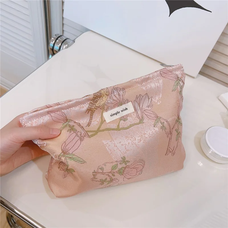 National Style Bird Flower Pattern Makeup Bag Canvas Zipper Purse Portable Cosmetic Pouch Organizer Bag - Pink