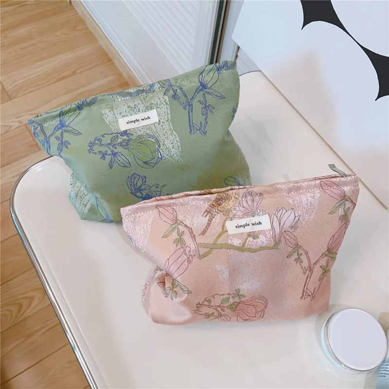 National Style Bird Flower Pattern Makeup Bag Canvas Zipper Purse Portable Cosmetic Pouch Organizer Bag - Pink