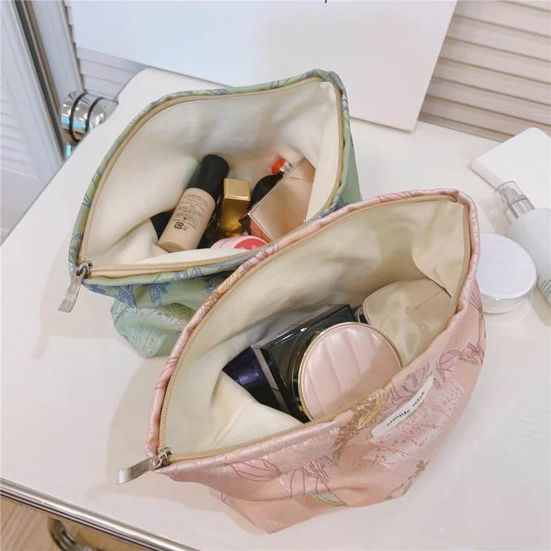 National Style Bird Flower Pattern Makeup Bag Canvas Zipper Purse Portable Cosmetic Pouch Organizer Bag - Pink
