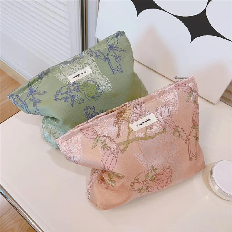 National Style Bird Flower Pattern Makeup Bag Canvas Zipper Purse Portable Cosmetic Pouch Organizer Bag - Pink