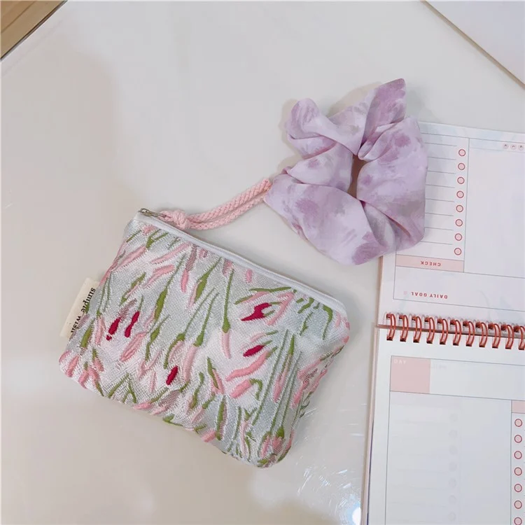 Münzbörsen Kleine Kosmetiktasche Organizer Leinentasche Geldbeutel Kopfhörer Schlüssel Geldaufbewahrungstasche Reißverschlusstasche - Grün Rosa Zweig