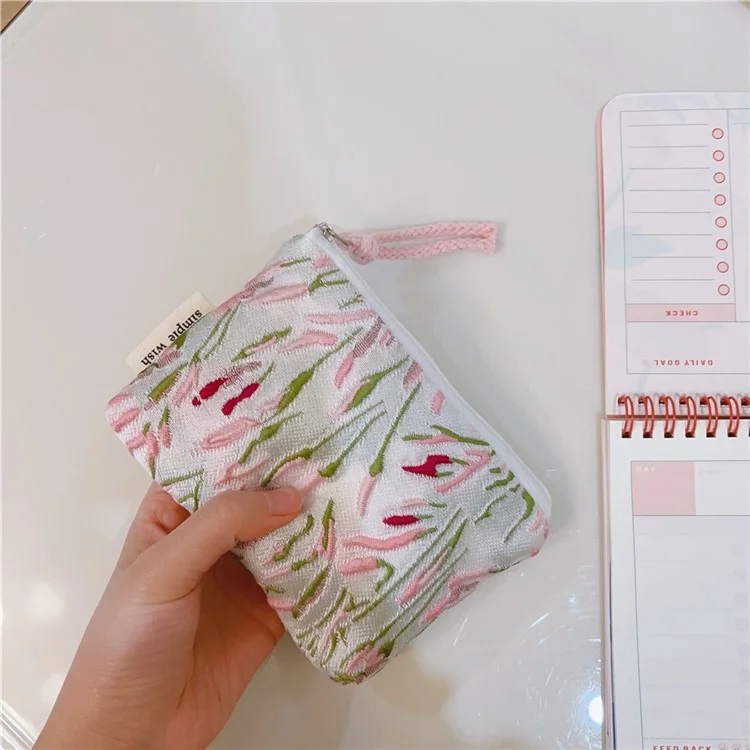 Münzbörsen Kleine Kosmetiktasche Organizer Leinentasche Geldbeutel Kopfhörer Schlüssel Geldaufbewahrungstasche Reißverschlusstasche - Grün Rosa Zweig