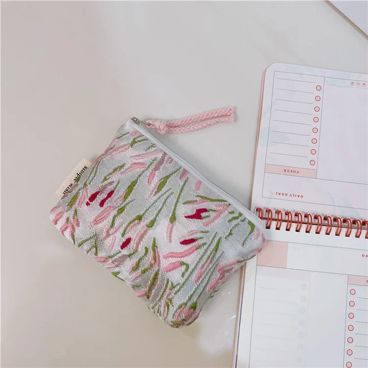 Münzbörsen Kleine Kosmetiktasche Organizer Leinentasche Geldbeutel Kopfhörer Schlüssel Geldaufbewahrungstasche Reißverschlusstasche - Grün Rosa Zweig