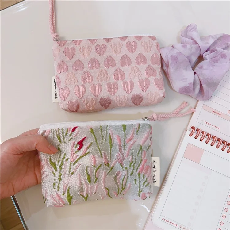 Münzbörsen Kleine Kosmetiktasche Organizer Leinentasche Geldbeutel Kopfhörer Schlüssel Geldaufbewahrungstasche Reißverschlusstasche - Grün Rosa Zweig