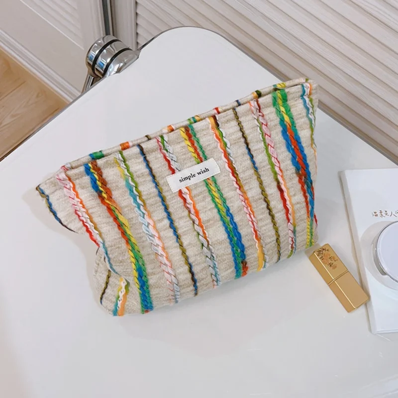 Women Teen Girls Cosmetic Organizer Travel Bag Rainbow Lline Design Canvas Makeup Storage Pouch, Size: S