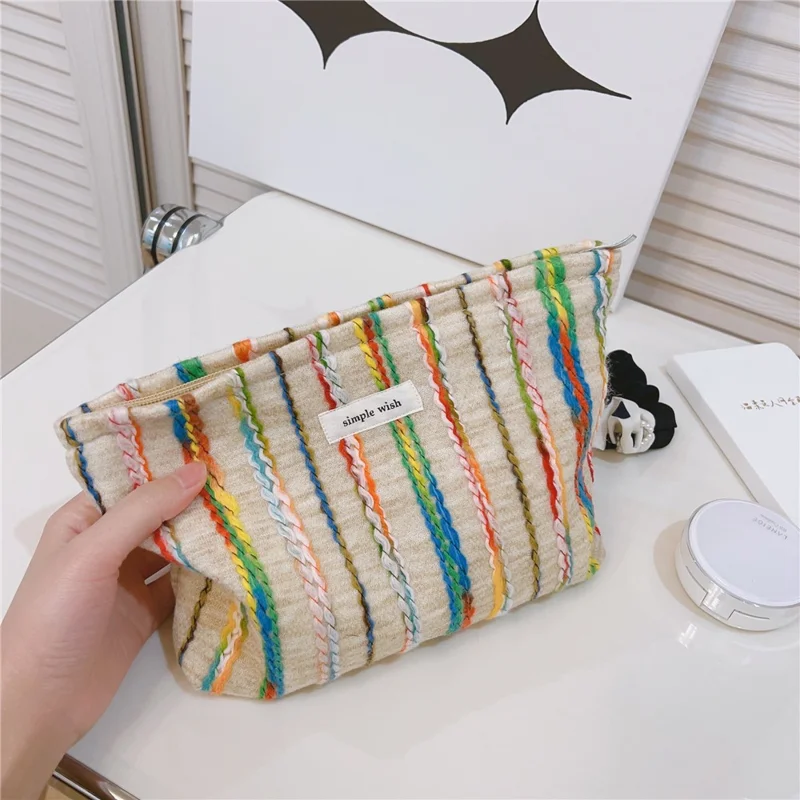 Women Teen Girls Cosmetic Organizer Travel Bag Rainbow Lline Design Canvas Makeup Storage Pouch, Size: S