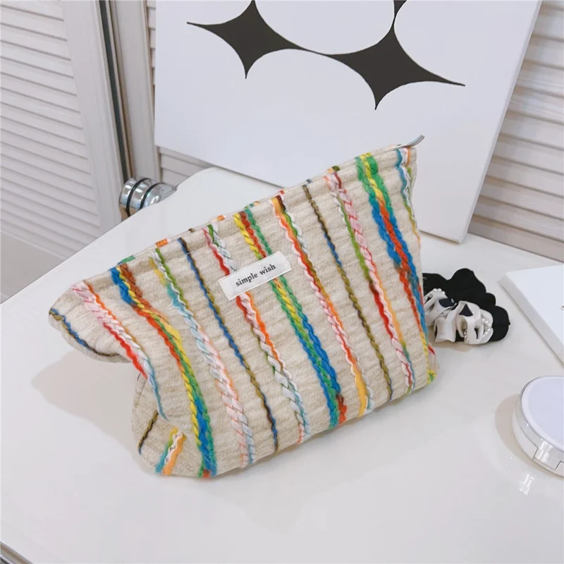 Women Teen Girls Cosmetic Organizer Travel Bag Rainbow Lline Design Canvas Makeup Storage Pouch, Size: S
