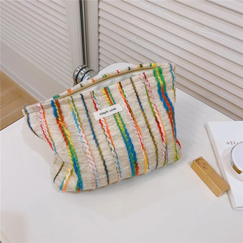Women Teen Girls Cosmetic Organizer Travel Bag Rainbow Lline Design Canvas Makeup Storage Pouch, Size: S
