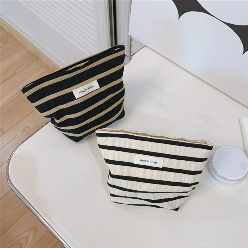 Makeup Bag Purse Zipper Cosmetic Pouch Large Travel Canvas Organizer Bag, Size: S - White Stripe
