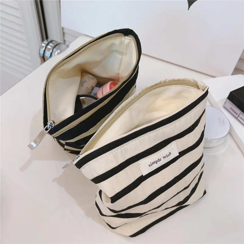 Makeup Bag Purse Zipper Cosmetic Pouch Large Travel Canvas Organizer Bag, Size: S - White Stripe