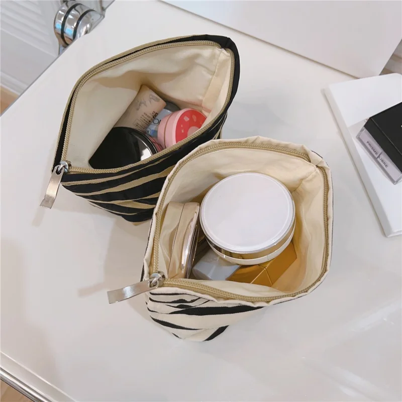 Makeup Bag Purse Zipper Cosmetic Pouch Large Travel Canvas Organizer Bag, Size: S - White Stripe