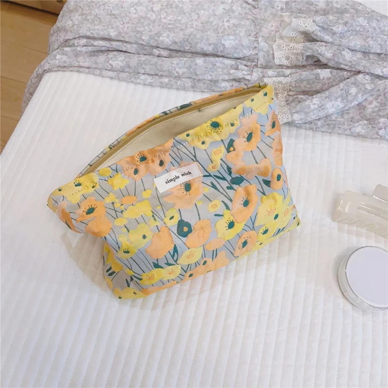 Simple Pattern Makeup Bag Travel Toiletry Organizer Pouch Canvas Cosmetic Bag - Yellow / Orange