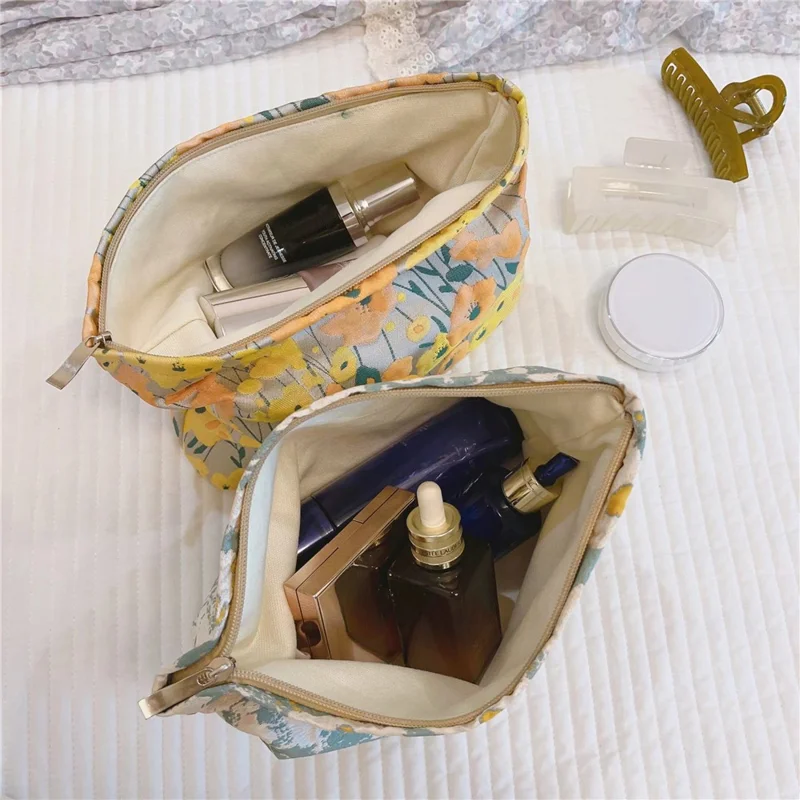 Enkel mönstrad väska för smink Resa Toalettförvaring Organisatorisk väska Väska i bomullstyg - stekt ägg