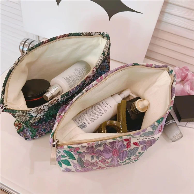 Cosmetic Bag Flower Pattern Canvas Makeup Bag Travel Toiletry Accessories Pouch Organizer - Colorful Flower