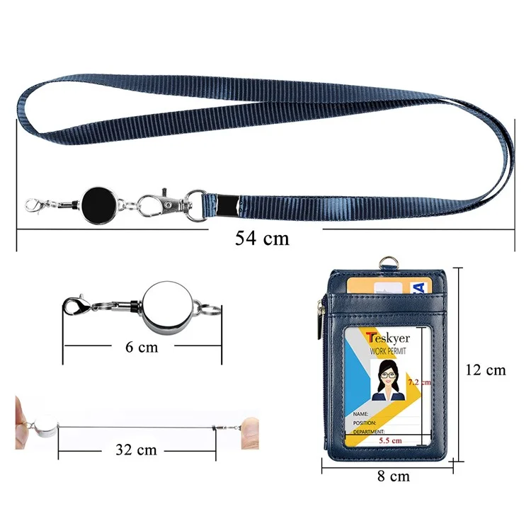 Reißverschluss-Taschenkarten-Etui PU-Leder Namensschild-Halter mit Halskette und ausziehbarem Schnallenverschluss - Saphir