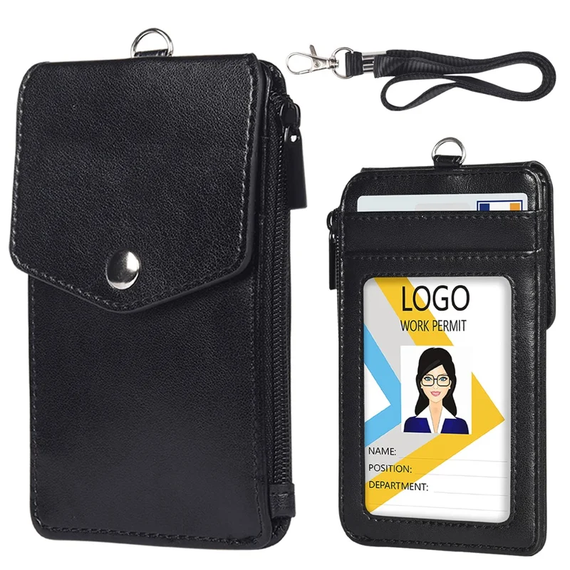 Zipper Pocket Design PU Leather Card Bag ID Bus Card Holder with Neck Strap - Black