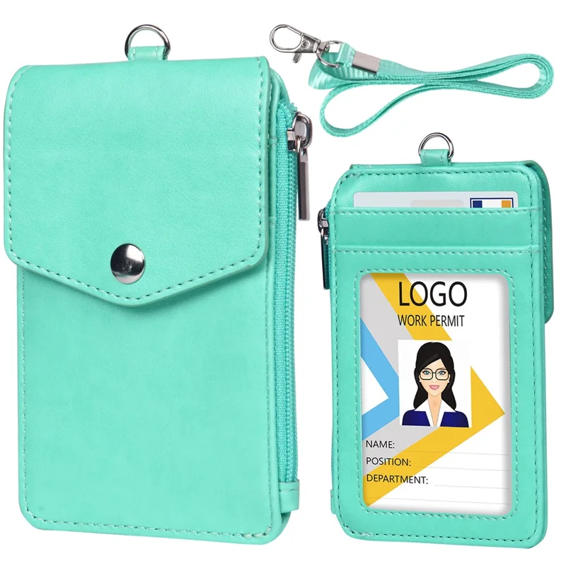 Zipper Pocket Design PU Leather Card Bag ID Bus Card Holder with Neck Strap - Green