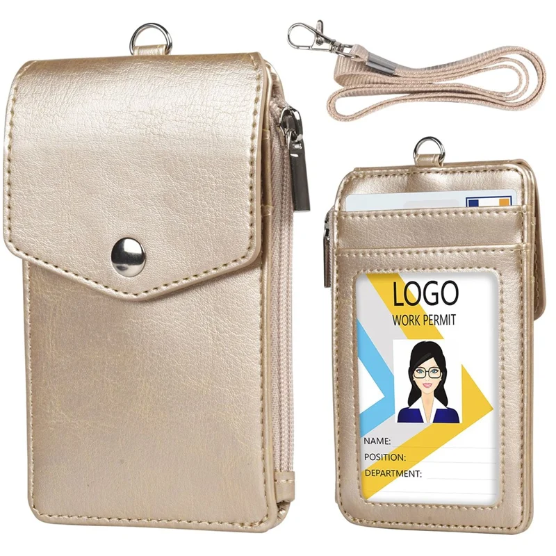 Zipper Pocket Design PU Leather Card Bag ID Bus Card Holder with Neck Strap - Gold