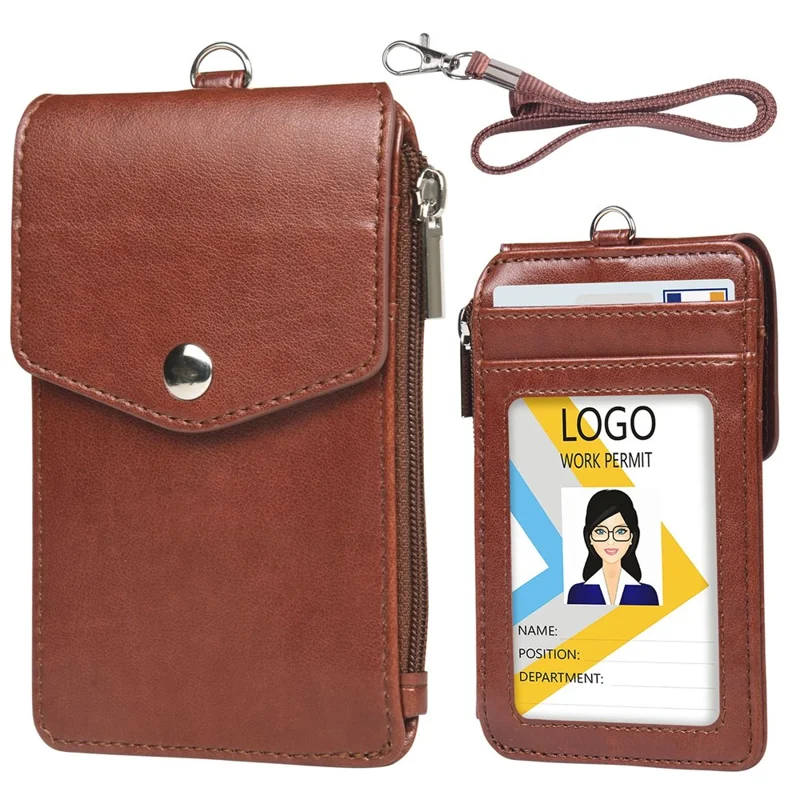 Zipper Pocket Design PU Leather Card Bag ID Bus Card Holder with Neck Strap - Brown