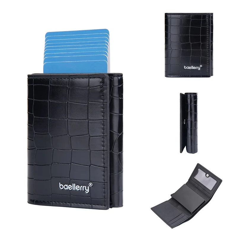 BAELLERRY D9213 PU Leather Crocodile Texture Wallet RFID Blocking Metal Card Holder Coin Purse for Men - Black