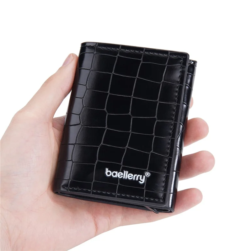 BAELLERRY D9213 PU Leather Crocodile Texture Wallet RFID Blocking Metal Card Holder Coin Purse for Men - Black