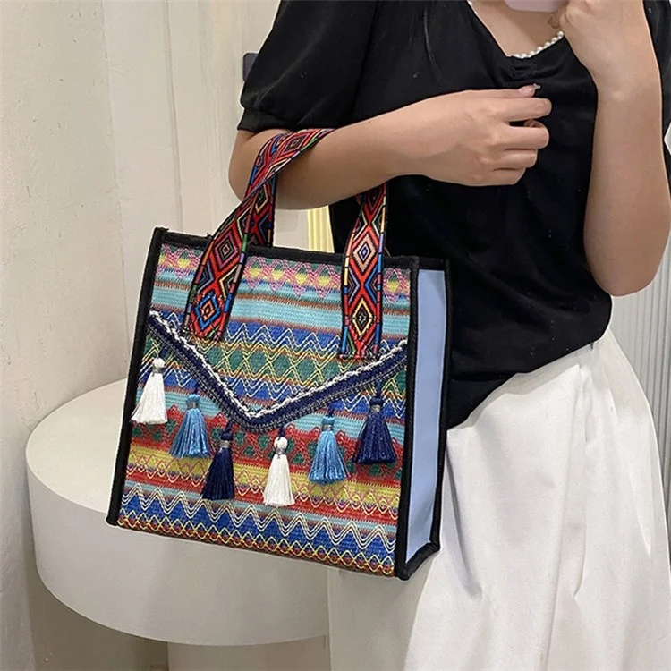 Große gestrickte Stoffhandtasche für Frauen, Teenager und Mädchen, ethnischer Stil mit Quastenverzierung - Blau
