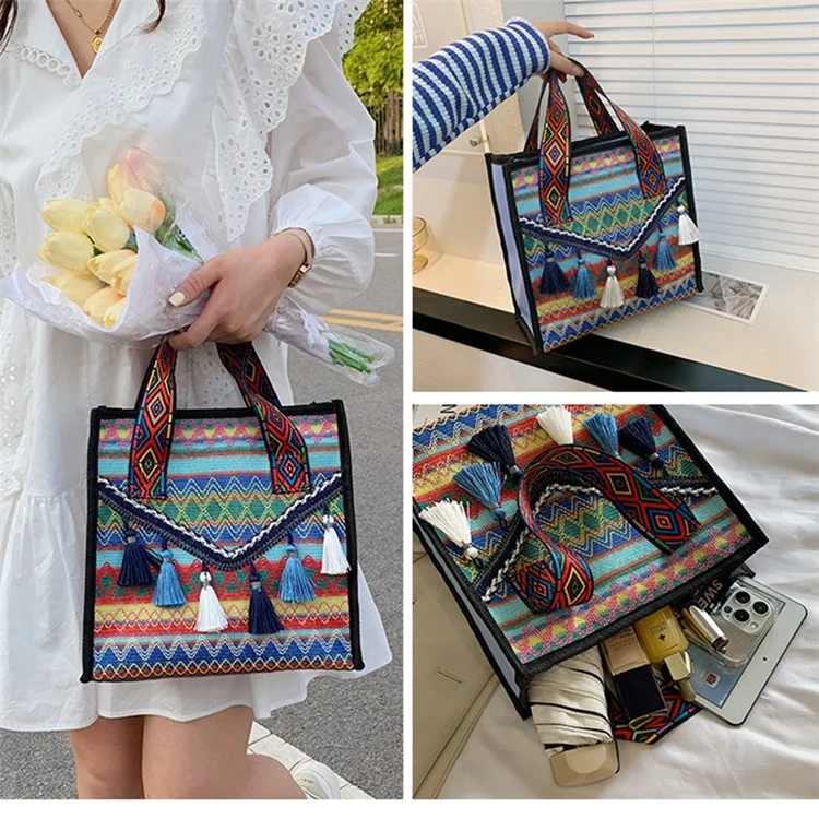 Große gestrickte Stoffhandtasche für Frauen, Teenager und Mädchen, ethnischer Stil mit Quastenverzierung - Blau